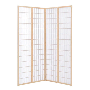 Light wood 4-panel folding room divider screen unfolded in a corner view