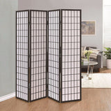 Black 4-panel folding room divider screen with white grid lattice panels.