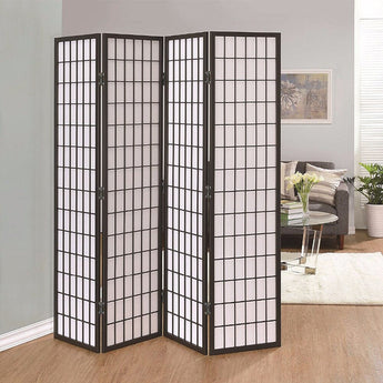 Black 4-panel folding room divider screen with white grid lattice panels.