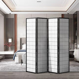 Foldable 4-panel room divider with dark frames and white grid lattice panels.
