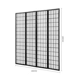 Four-panel folding room divider screen with dark grid panels and wooden frames