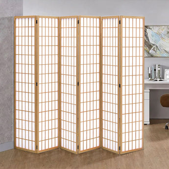 6-panel wood room divider in natural finish with grid panels and folding hinges