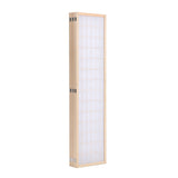 Black wood room divider folding screen, single panel view with grid insert