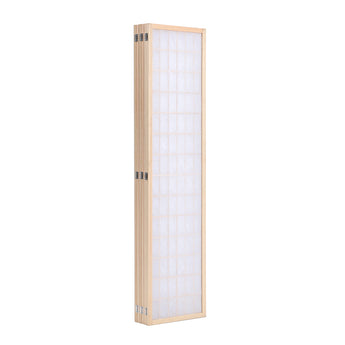 Black wood room divider folding screen, single panel view with grid insert