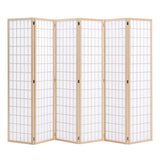 Natural 6-panel wood room divider screen, fully opened with grid panels