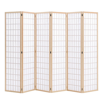 Natural 6-panel wood room divider screen, fully opened with grid panels