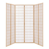 Natural 6-panel wood room divider folded in a fan shape, showing grid panel screens