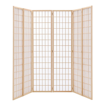 Natural 6-panel wood room divider folded in a fan shape, showing grid panel screens