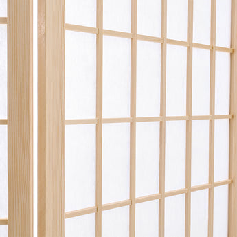 Natural wood room divider frame detail with square grid lattice