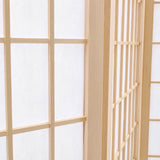 Natural wood room divider hinge and grid panel detail on a folding seam