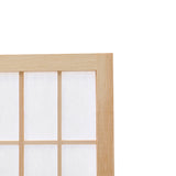 Natural wood room divider top corner with square grid panel pattern