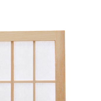 Natural wood room divider top corner with square grid panel pattern