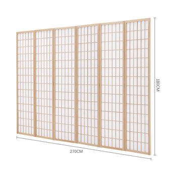 Natural 6-panel wood room divider with grid panels and folding design