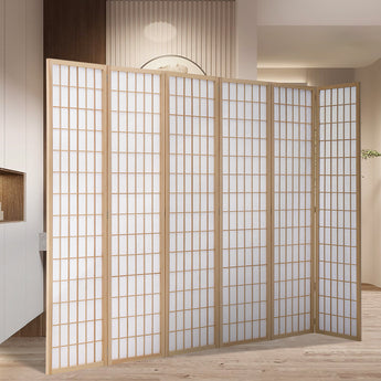 Natural 6-panel wood room divider standing with grid panels