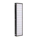 Black 6-panel folding room divider, narrow side view with grid translucent panels