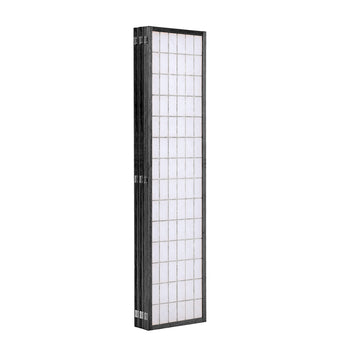 Black 6-panel folding room divider, narrow side view with grid translucent panels