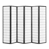 Black 6-panel folding room divider screen, fully open with framed grid translucent panels