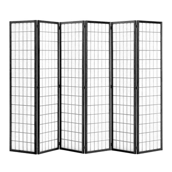 Black 6-panel folding room divider screen, fully open with framed grid translucent panels