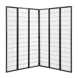 Black 6-panel folding room divider with grid-pattern translucent panels, hinged screen