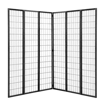 Black 6-panel folding room divider with grid-pattern translucent panels, hinged screen