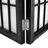 Black wooden folding room divider hinge hardware between panels