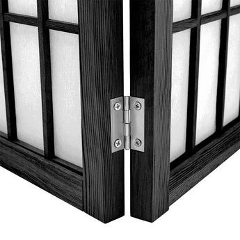 Black wooden folding room divider hinge hardware between panels