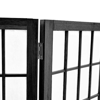 Black room divider panel frame corner with hinge hardware