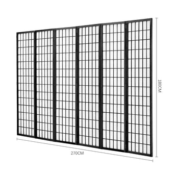 Black 6-panel room divider dimensions view: 270cm wide and 180cm tall