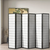 6-panel wood room divider in black finish with grid panel screens