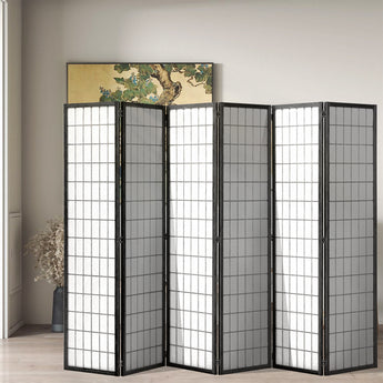 6-panel wood room divider in black finish with grid panel screens