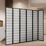 Black 6-panel folding room divider, open screen with framed grid translucent panels