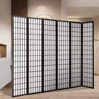 Black 6-panel folding room divider, open screen with framed grid translucent panels
