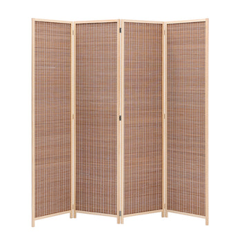 Bamboo 4-panel privacy divider, natural wood frame with woven panels