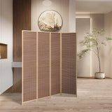 4-Panel folding room divider in woven bamboo, light tan grid privacy screen