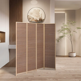 4-Panel folding room divider in woven bamboo, light tan grid privacy screen