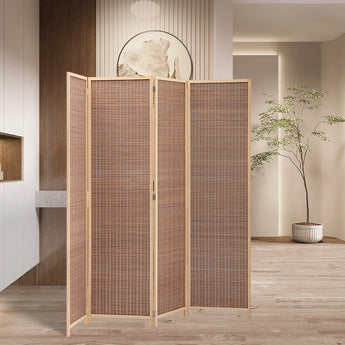 Folding bamboo privacy divider with 4 panels and vertical woven texture