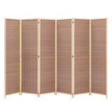 Brown bamboo room divider with 6 woven panels, folding frame visible