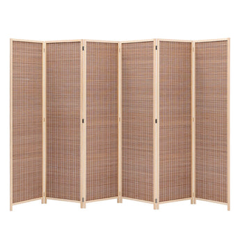 Brown bamboo room divider with 6 woven panels, folding frame visible