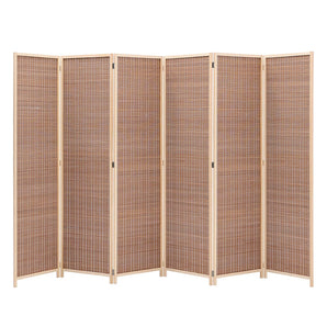 Brown bamboo room divider with 6 woven panels, folding frame visible