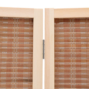 Brown bamboo folding frame close-up with metal hinge and screws