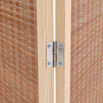 Metal hinge plate with screws on bamboo frame of the woven divider