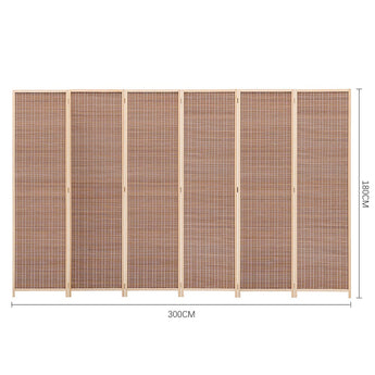 Brown bamboo 6-panel room divider, 300cm wide and 180cm high (shown)
