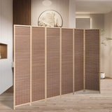 Brown bamboo 6-panel folding room divider with woven panels and light spacing