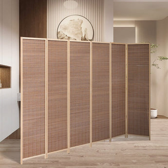 Brown bamboo 6-panel folding room divider with woven panels and light spacing