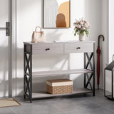100 cm narrow console table in rustic grey with 2 drawers and black X-frame legs