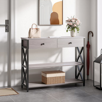 100 cm narrow console table in rustic grey with 2 drawers and black X-frame legs