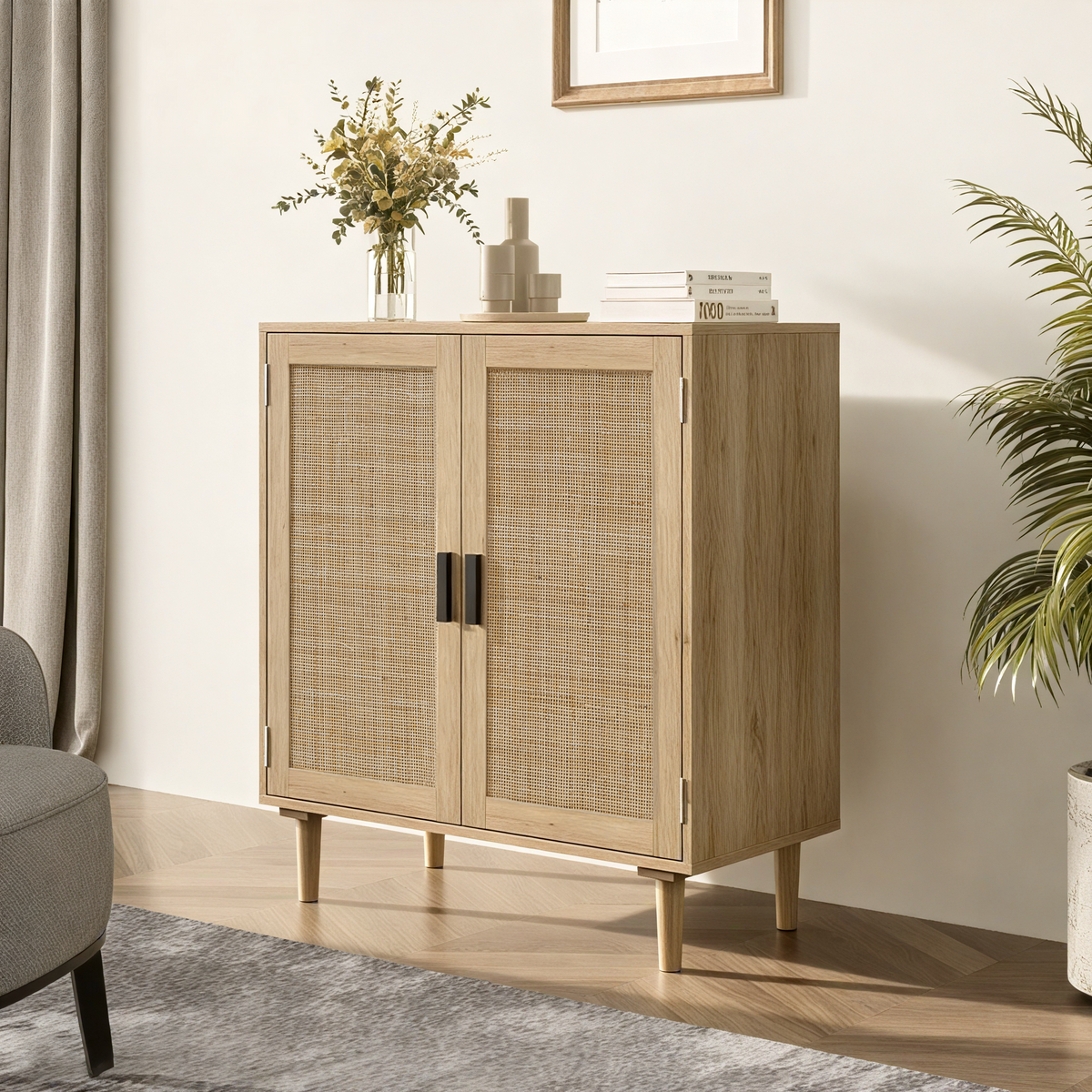 2 Door Oak Rattan Sideboard Storage Cabinet with Wooden Legs