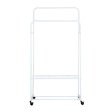 White clothes rack frame with two hanging rails and bottom wire shelf