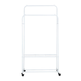 White clothes rack frame with two hanging rails and bottom wire shelf