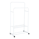White clothes rack with two upright frames, bottom wire shelf, and caster wheels